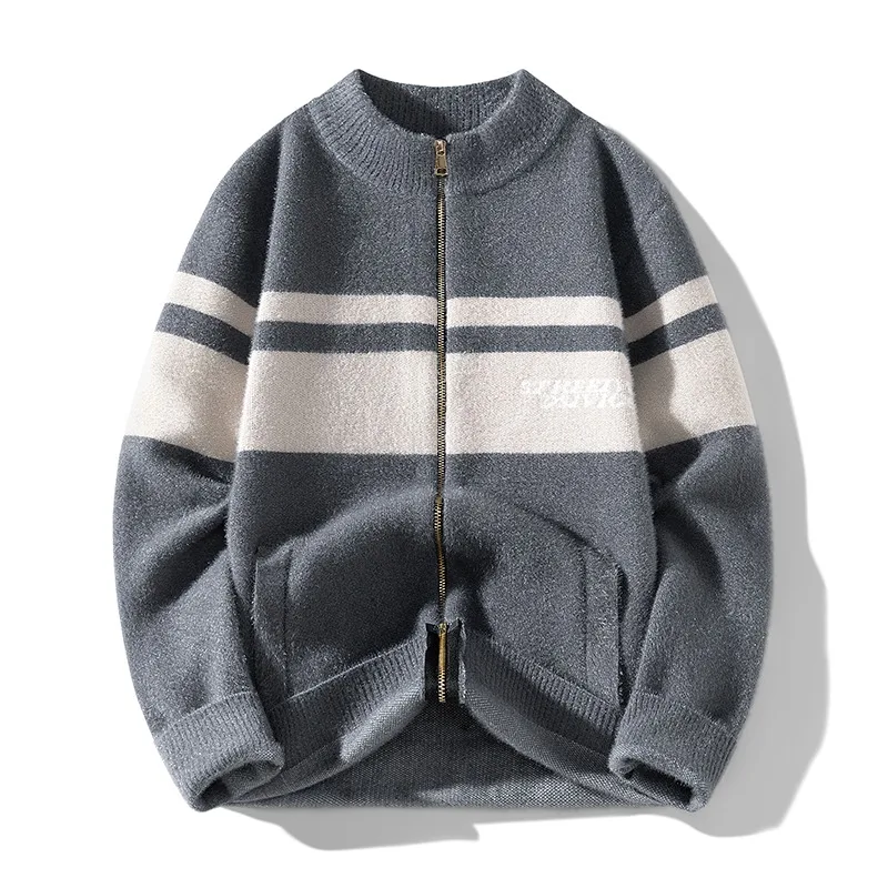 

Men's Striped Contrasting Autumn and Winter Round Neck Zipper Long-sleeved Cardigan Sweater Fashionable Casual Sweater Top