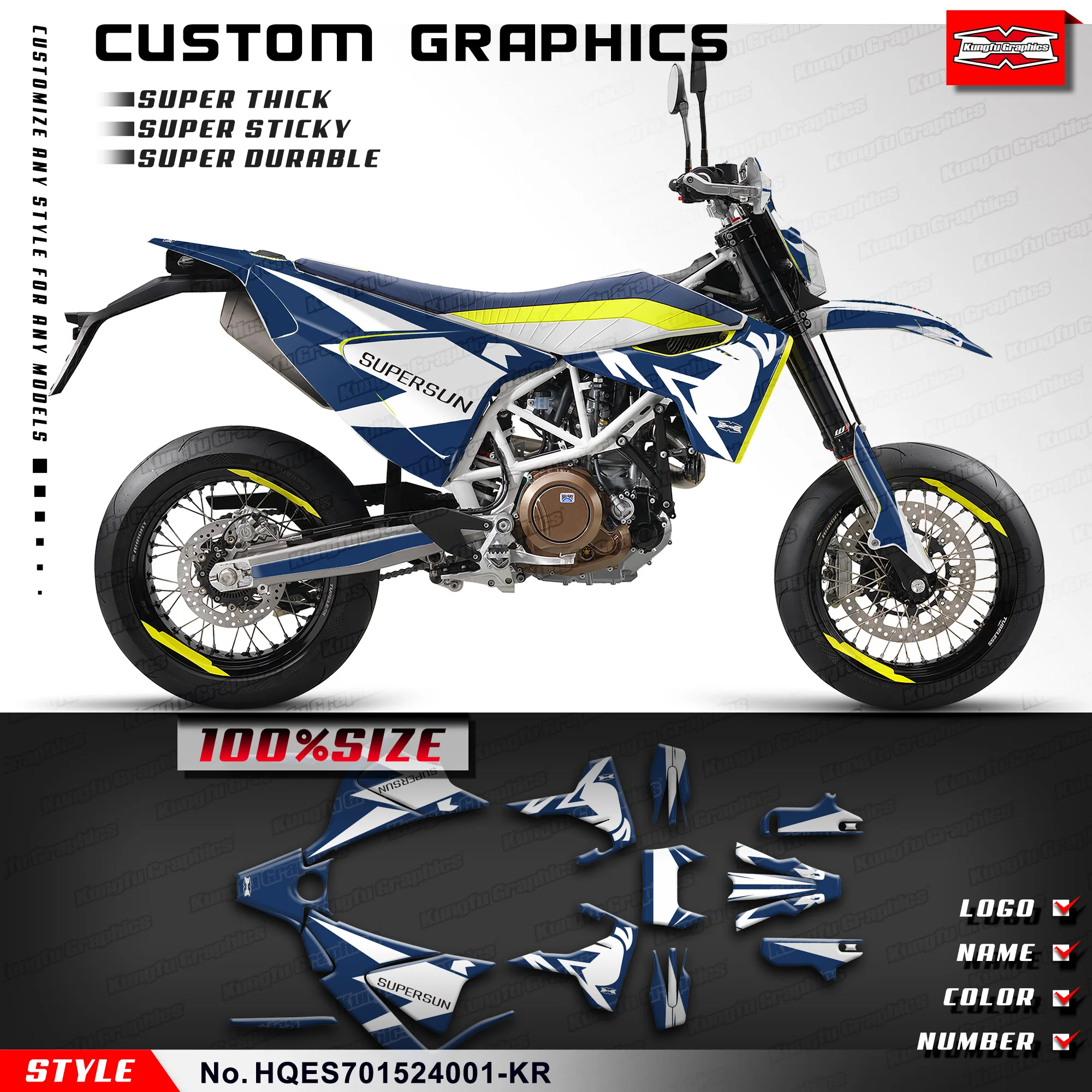 

KUNGFU GRAPHCS Custom Sticker Vinyl Wrap Kit for Husqvarna Enduro Supermoto 701 2015-2024, HQES701524001-KR