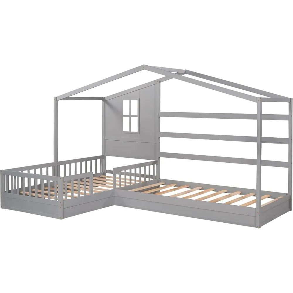 Camas de casa em forma de L para 2 crianças, cama de plataforma de canto de tamanho duplo, estrutura de cama montessori de madeira com trilhos de cerca e painéis decorativos