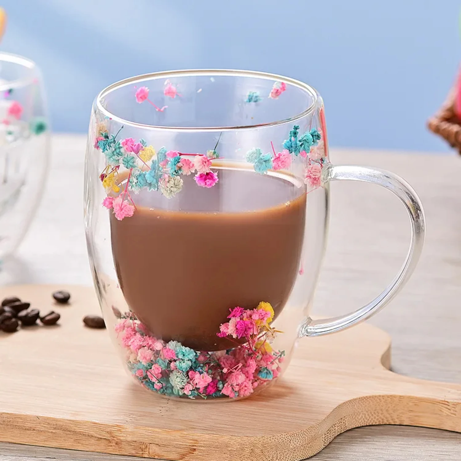 Large Capacity 350ml 250ml Double Layer Insulated Glass Cup for Household Use with Flower High Boron Silicon, Thickened Floral T