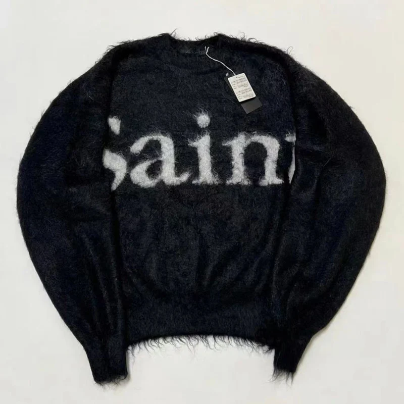 American Street Saint Sweater Mohair Black and White Matching Logo Sweater Men Women High Street Loose Crew Neck Pullover