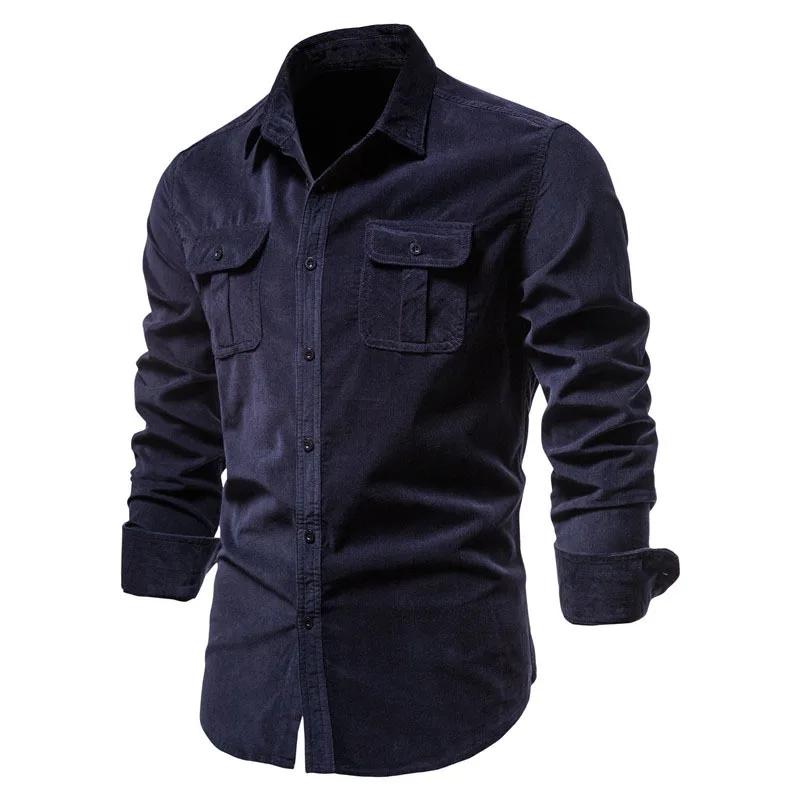 New Shirts Men Long Sleeve Casual Cotton Shirt High Quality Solid Color Corduroy Overshirt Brand Clothing Male Blouses Plus Size