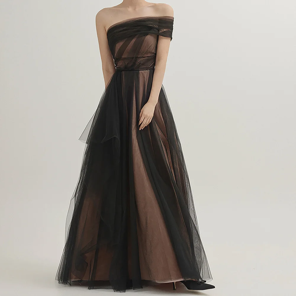 

Свадебное платье в корейском стиле, вечернее платье на одно плечо, черное прозрачное тюлевое градиентное платье для вечеринки, дня рождения, уникальные платья