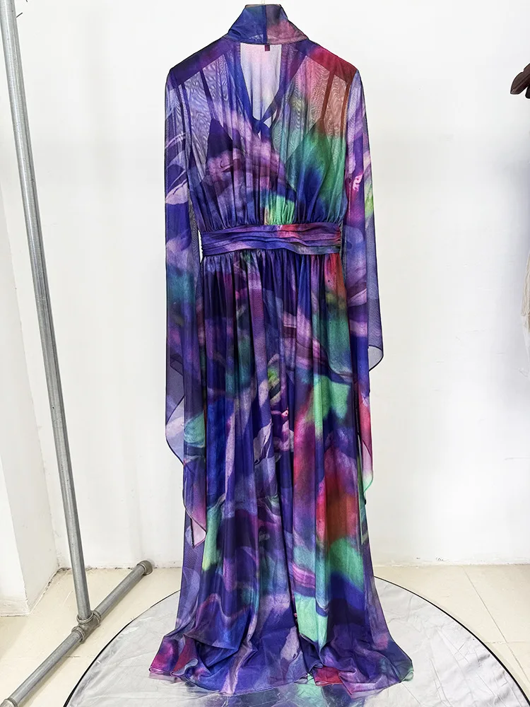 ハイストリート最新ファッション 2025 デザイナー Party Vestido 女性のドリフトスリーブカラフルなプリントホリデーロングドレス