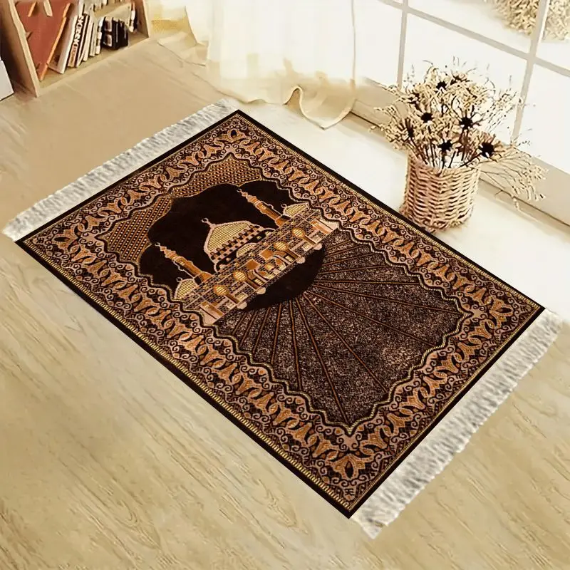 VIKAMA Dark Brown Hot Stamped Mosque Arch Prayer Mat, Durable & Portable, Comfortable Kneeling Carpet for Home Use