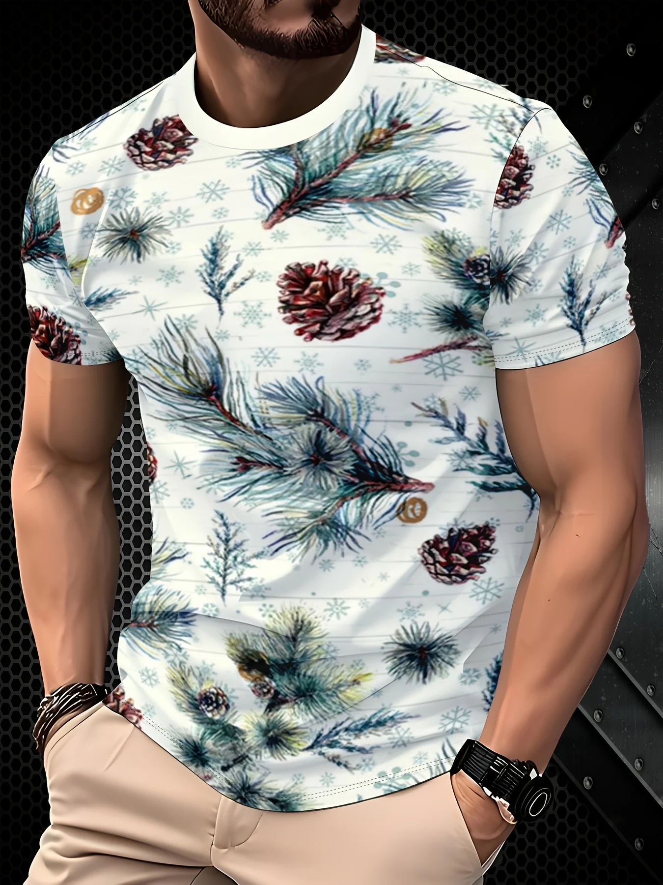 Men White Winter Pine Cone Snowflake Print Tee O Neck Short Sleeve Casual Top