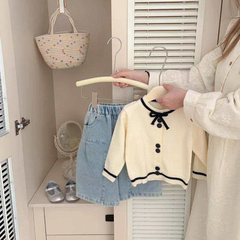 2026 Autumn New Girls Long Sleeve Knitted Cardigan Baby Cute Bow Sweater Coat Kids Casual Knitwear Infant Toddler Clothes