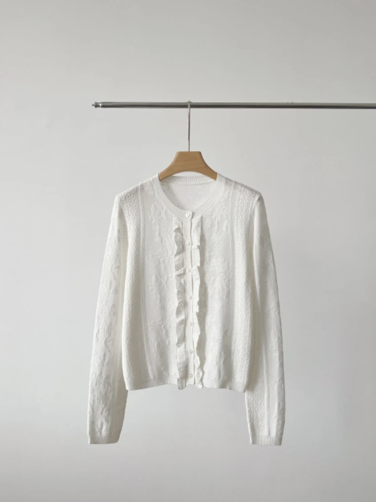 

Korean Sle Casual Lace Splicing Knitted Cardigan White Embroidered Floral Design ort Sve round Ne Thin Ladies Sweater