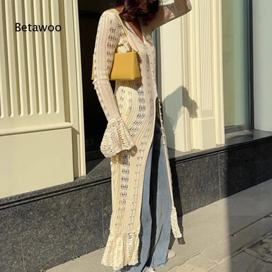 Women's Crochet Knit Long Sleeve Maxi Dress V-Neck Open Work See-Through Beach Cover Up Sweater Dress Casual Summer Outfit