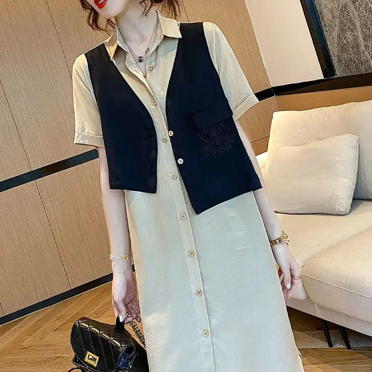 Large Size New Fake Two-piece Shirt Dress Loose and Chubby MM Women's Clothing 2024