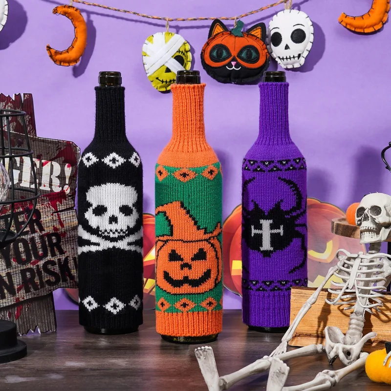 Outdoor Halloween Party Pumpkin Knitted Wine Bottle Protection Set Table Atmosphere Decoration Supplies Halloween Gifts