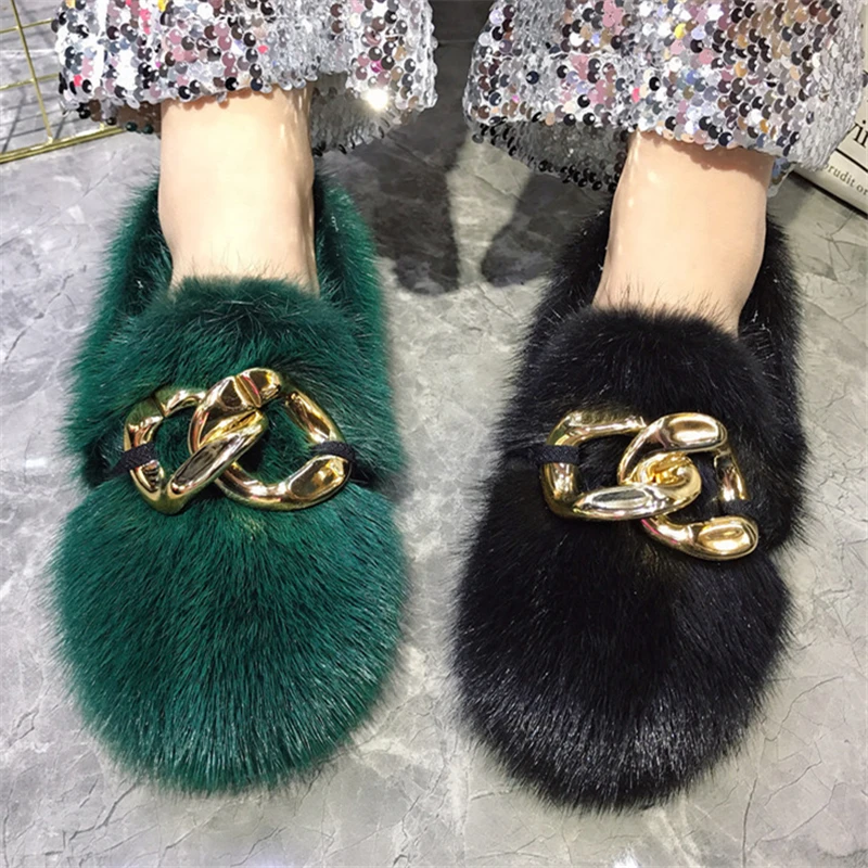 

2024 New Winter Warm Fur Flats Thick Sole Platform Zapatos Mujer Real Mink Fur Moccasins Casual Flat Shoes Furry Espadrilles