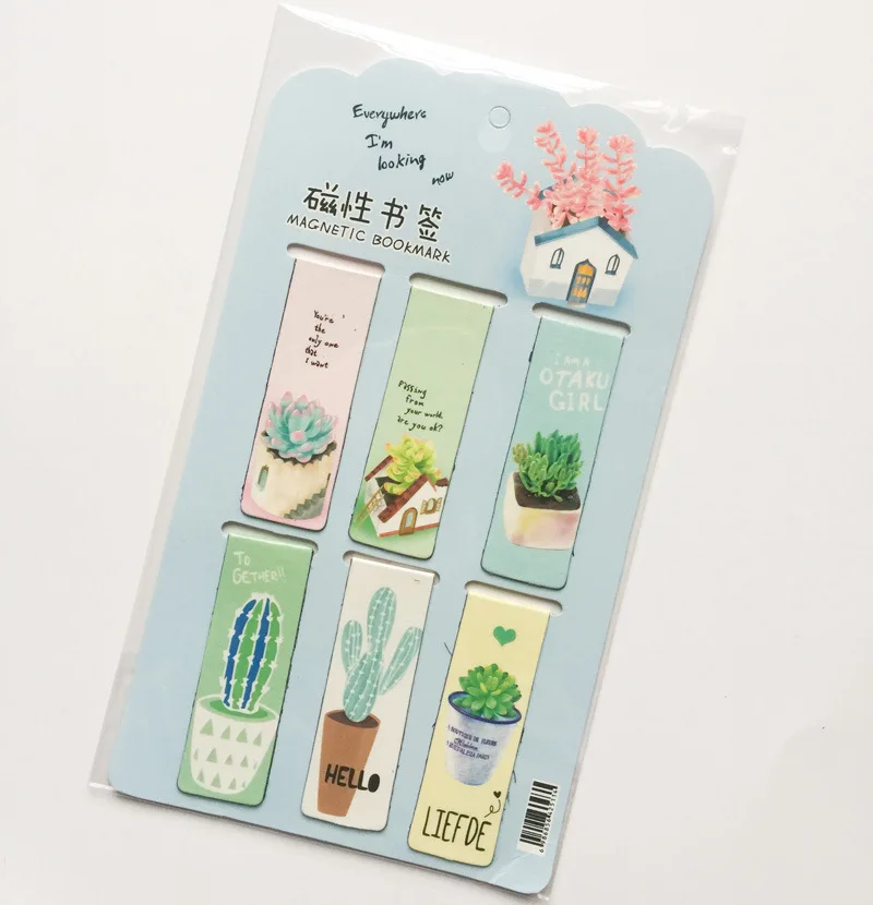 6 pçs/pçs/set plantas verdes cactus marcador magnético kawaii livros marcador de página estudante papelaria escola escritório suppl