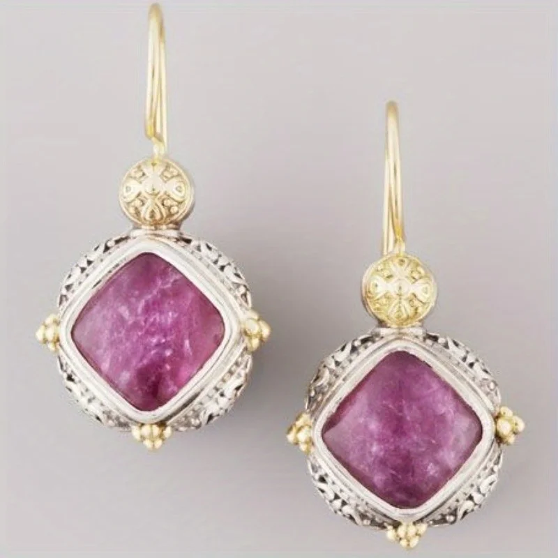 Ethnic Gold Color Square Inlaid with Pink Red Stones Earrings Vintage Metal Carving Pattern Dangle Earrings for Women Jewelry