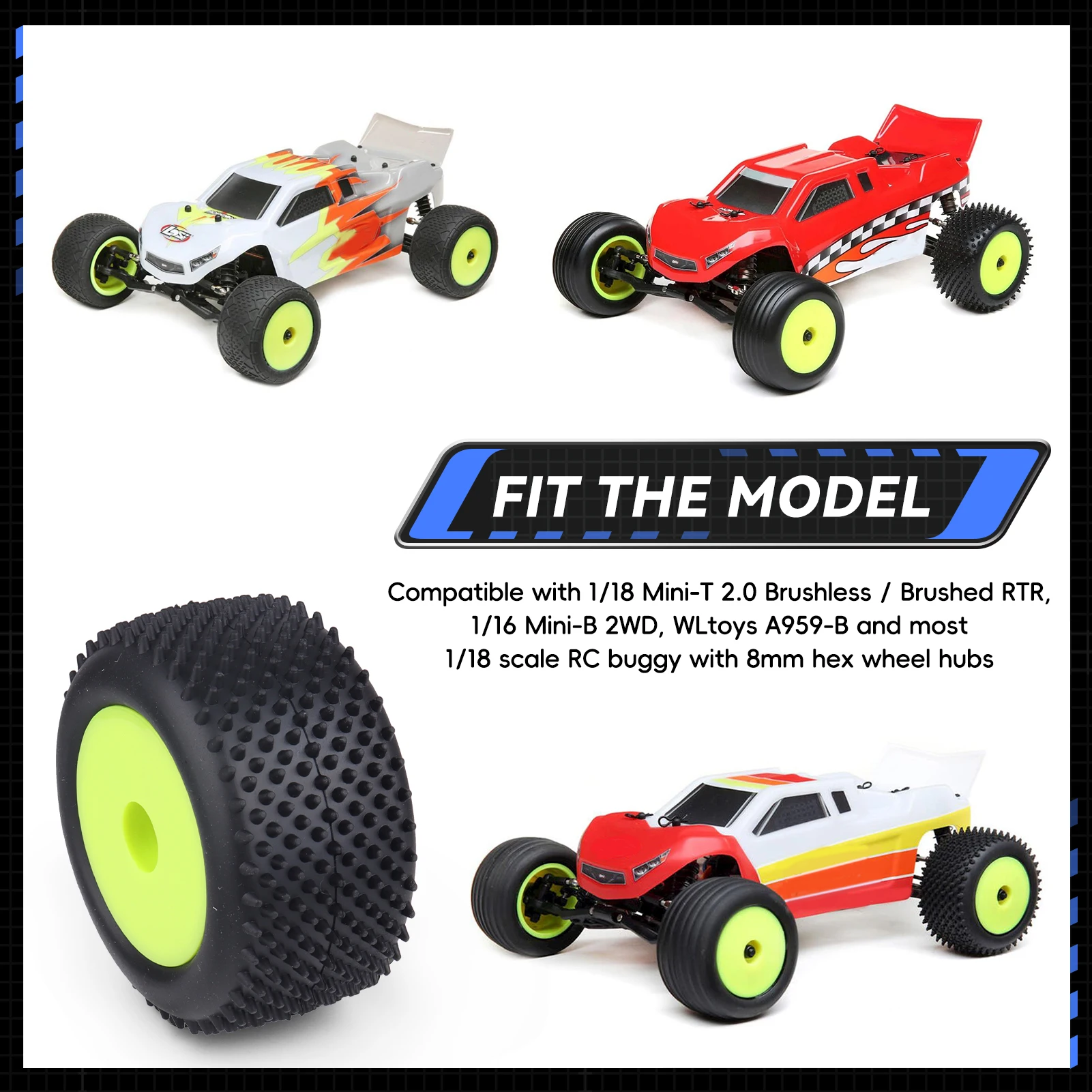HobbyPark Preglued 1/18 Off-Road Tires & Wheels, 8mm Hex, for Losi Mini-T 2.0 Brushless Stadium Truck, High Traction