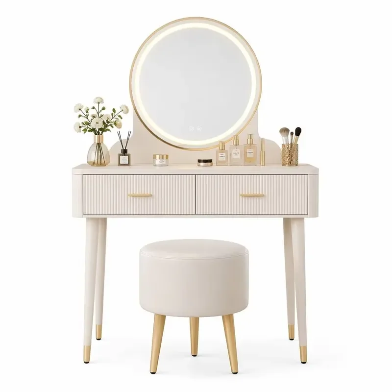 Modern Minimalist Cream Wood Dressing Table LED Lighted Mirror Vanity Desk Set for Bedroom Apartment Bathroom
