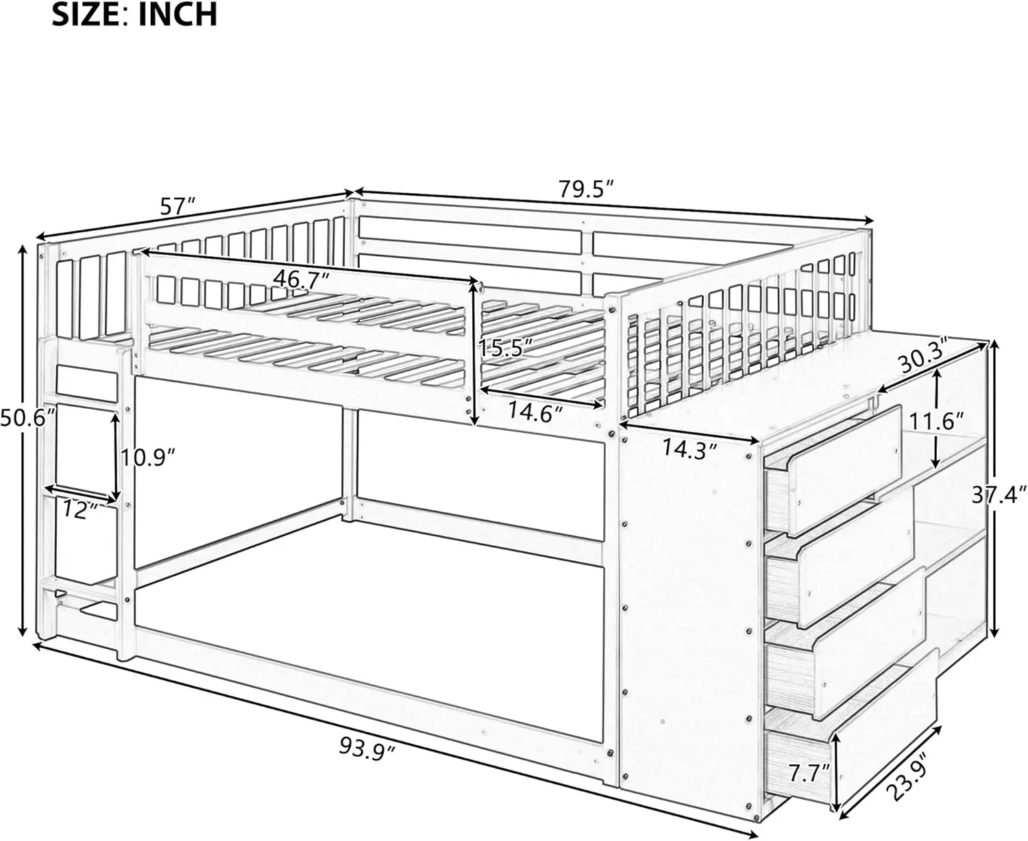 Volledig stapelbedden met opbergruimte, stapelbedden met houten vloer, 4 lades en 3 planken, laag stapelbedframe met verplaatsbare cabine