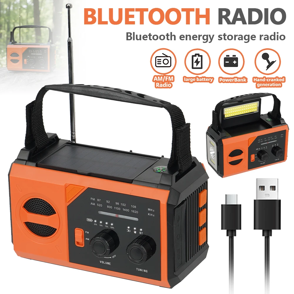 Radio Bluetooth 5.3 avec boussole, lampe torche LED, 3 méthodes de charge, batterie externe 20000mAh
