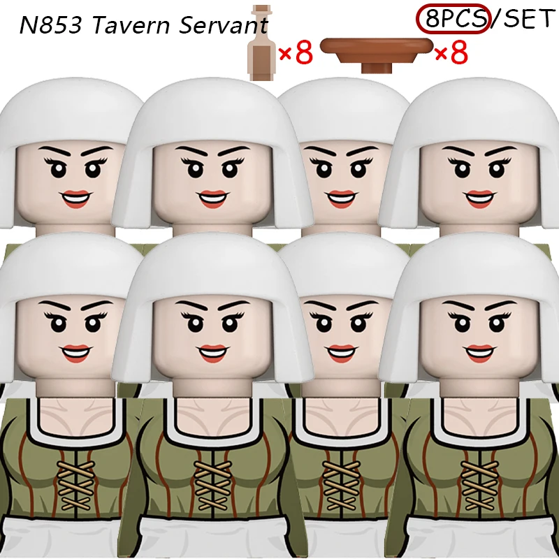 Middeleeuwse soldaat ridder leger bouwstenen kasteel militair dorp boer smid wachter plaat fles accessoires stenen speelgoed