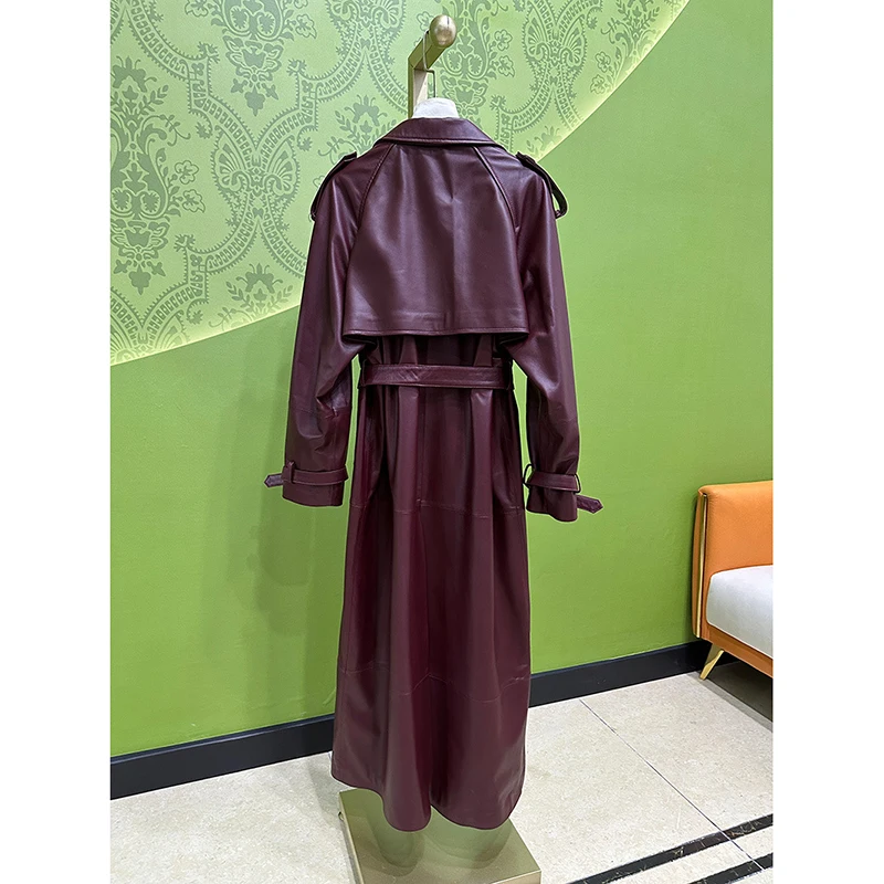 Damen-Jacke aus echtem Leder, Herbst-Winter, importiertes Lammfell, breiter Schultergürtel, schmal, Burgunderrot, langer Leder-Trenchcoat, weich