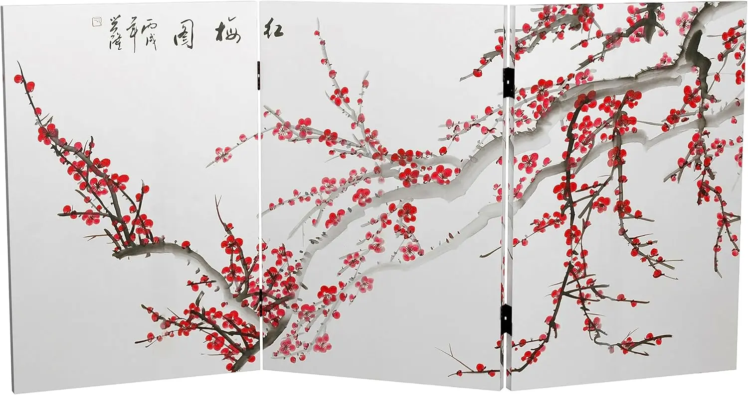 

Двусторонняя складная ширма из холста с узором «Цветущая слива», 2 фута, 3-панельная, отдельно стоящая перегородка для современной спальни и домашнего офиса