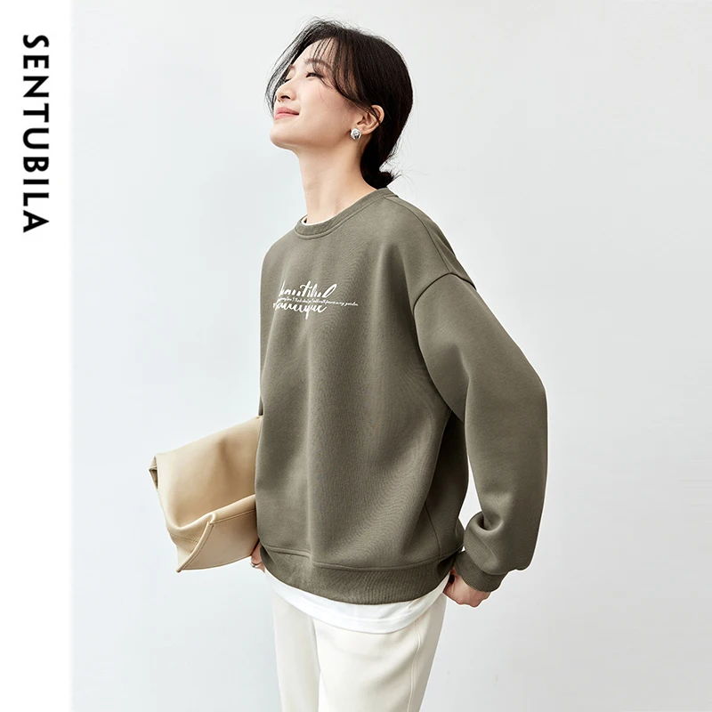 SENTUBILA Cotton Patchwork 2 in 1 Sweatshirt for Women 2024 Autumn Simple Letter Print O Neck Long Sleeve Pullovers 143A55890