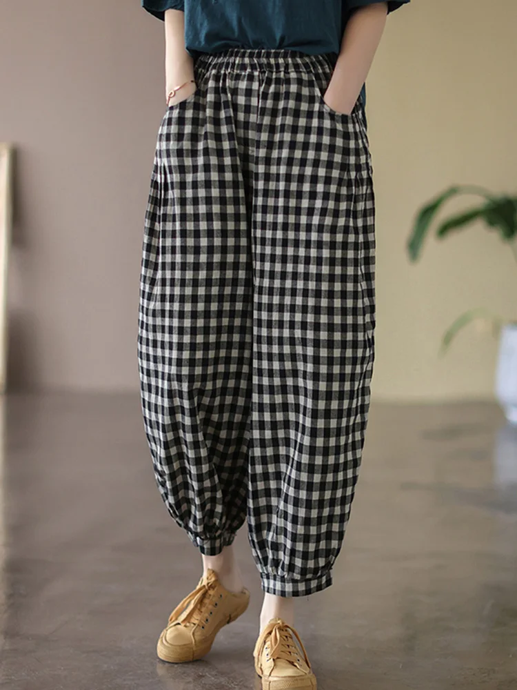 ارتفاع الخصر المرأة الكتان تسعة عشرات فانوس السراويل عارضة الرجعية منقوشة القطن الكتان هارلان السراويل تخفيف Sle الصيف جمع #2