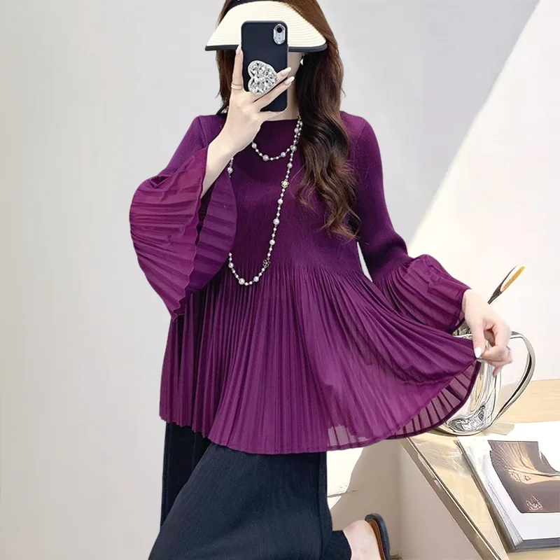 

2025 Miyake Fall New Women's Pleated Tops Simple Round Neck Flare Long Sleeve T-shirt Thin Woman Clothes Wrinkle-Free Top Women