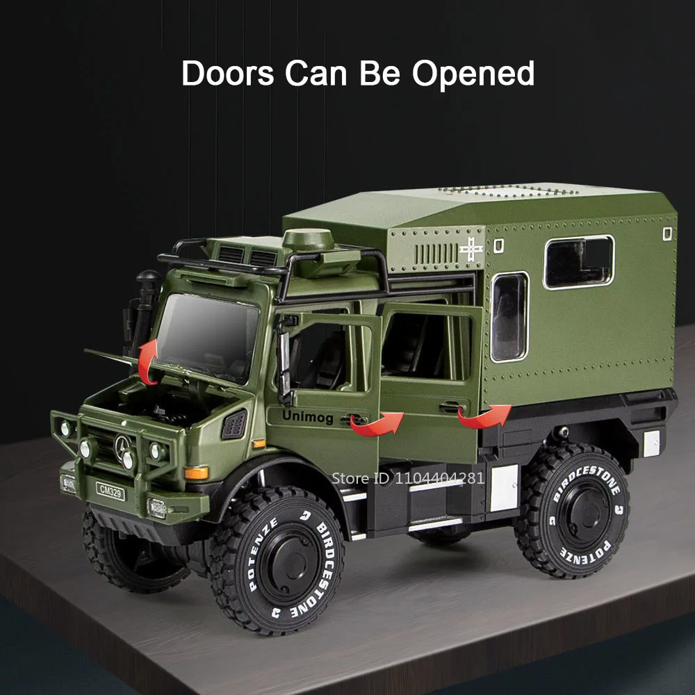 1:28 Unimog Motor Home U5000 Model Zabawka Odlewana Samochód Otwierane Drzwi z Dźwiękiem i Światłem Miniatury z Napędem Pull Back Zabawne Zabawki dla Dzieci