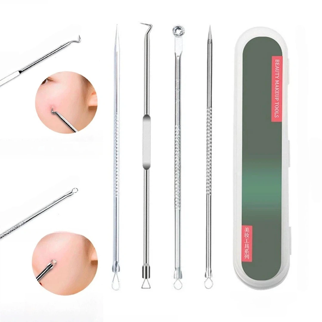 مجموعة إبر حب الشباب مكونة من 4 قطع، أداة إزالة الرؤوس السوداء، مستخرج كوميدون مطلي بالكروم لتظليل البثور، والعناية بالوجه #1
