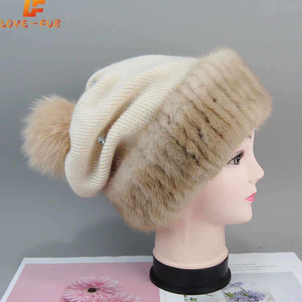 

2025 Female Knit Good Elastic Mink Fur Beanies Cap Winter Warm Natural Fur Hat Hot Sale Women Fashion Real Mink Fur Knitted Hats