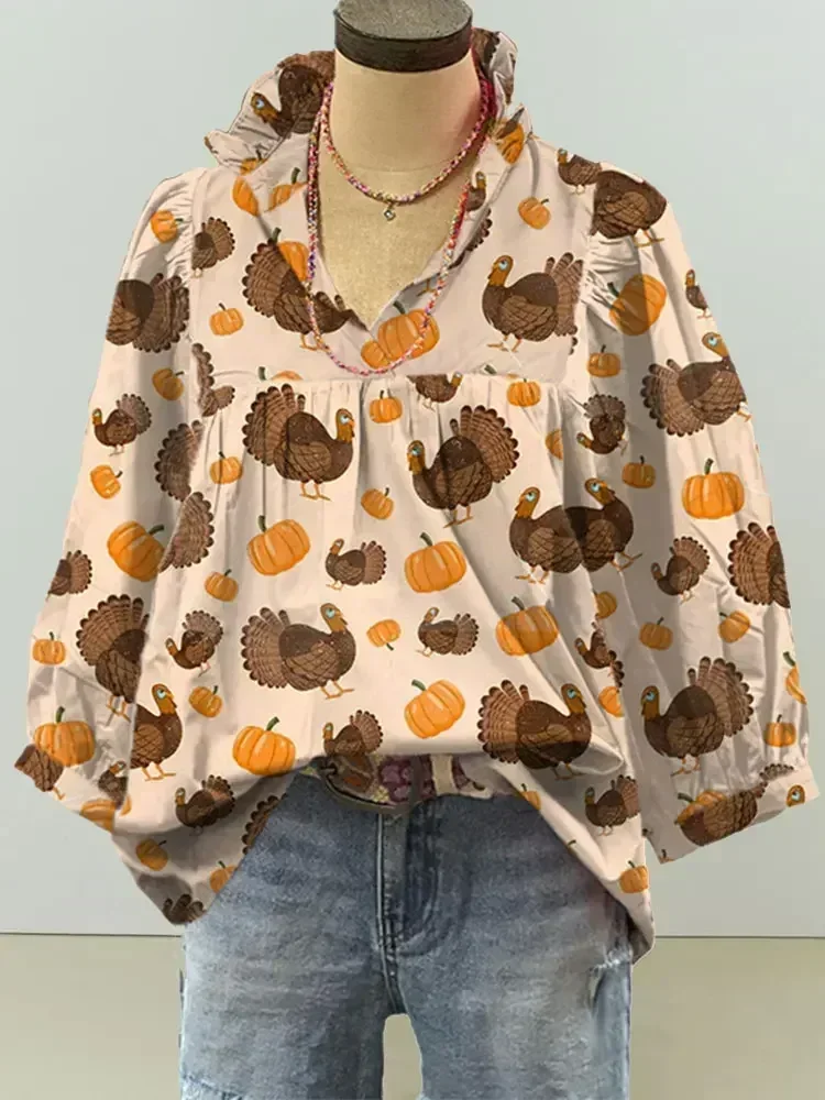 Turkey Pumpkin Print Shirt Women Thanksgiving Pleated Puff Sleeve Blouse Thankful Grateful Blessed Fall  Top