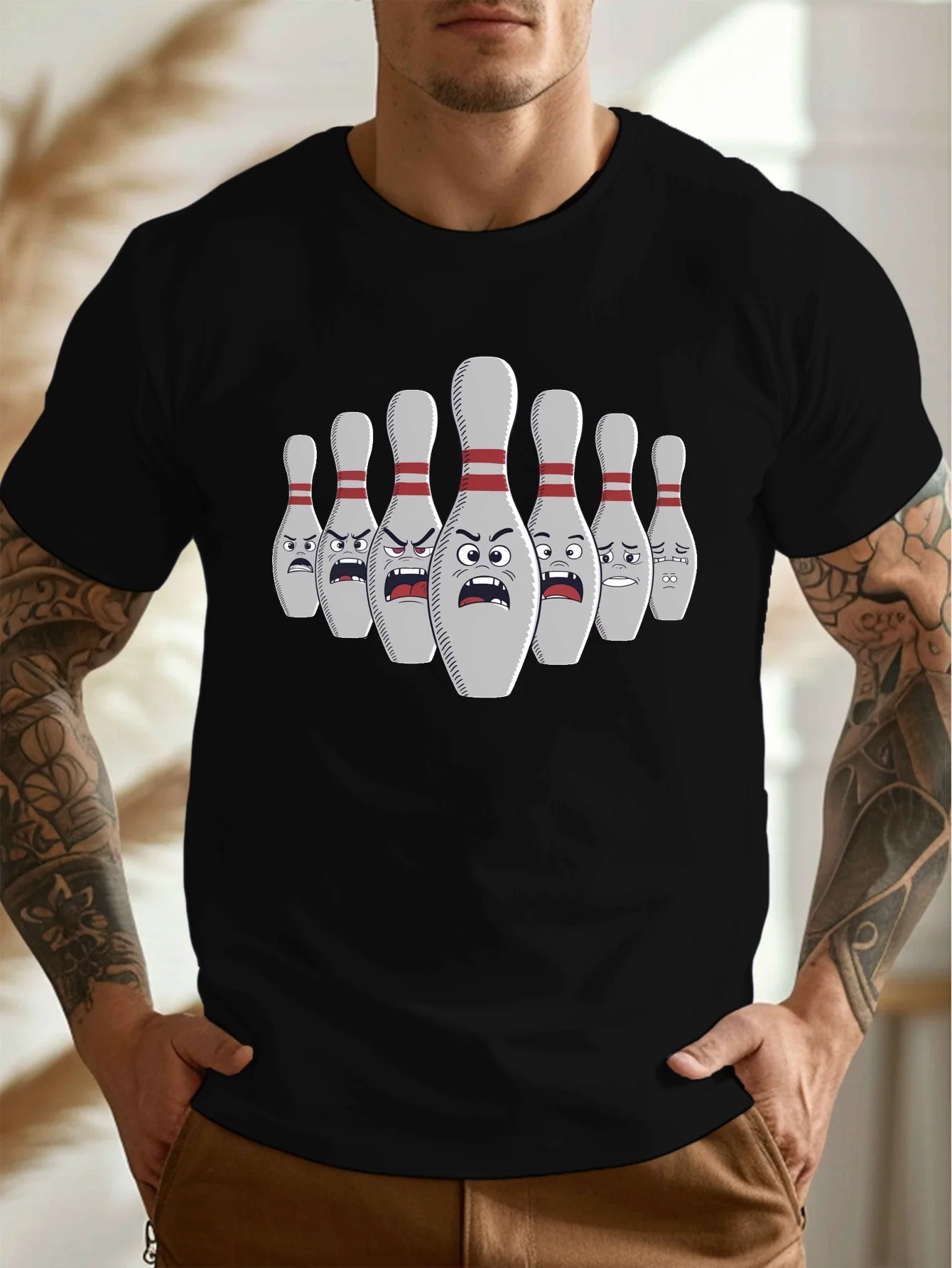 

Men's casual blue bowling ball-patterned T-shirt, lightweight polyester round-neck short-sleeved T-shirt