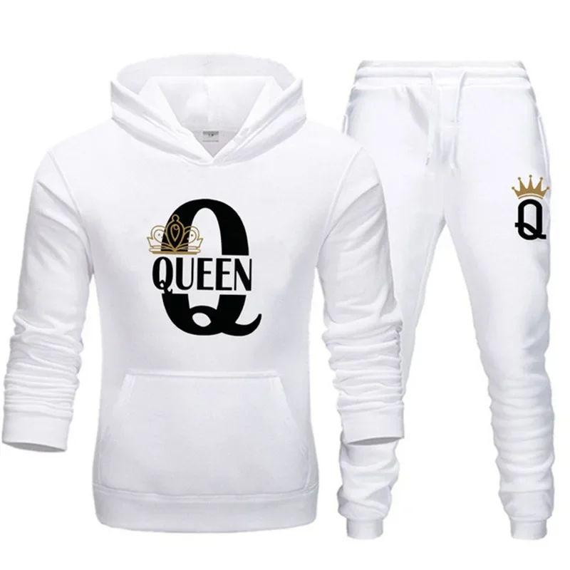 2025 New Autumn and Winter Men's and Women's Sweater Set KING QUEEN Loose Relaxed Hooded Print Couple Set