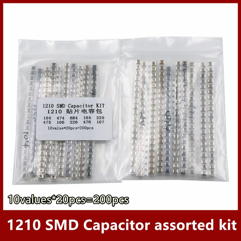 10values*20pcs=200pcs 1210 SMD Capacitor assorted kit 100nF~100uF Samples Kit electronic diy kit