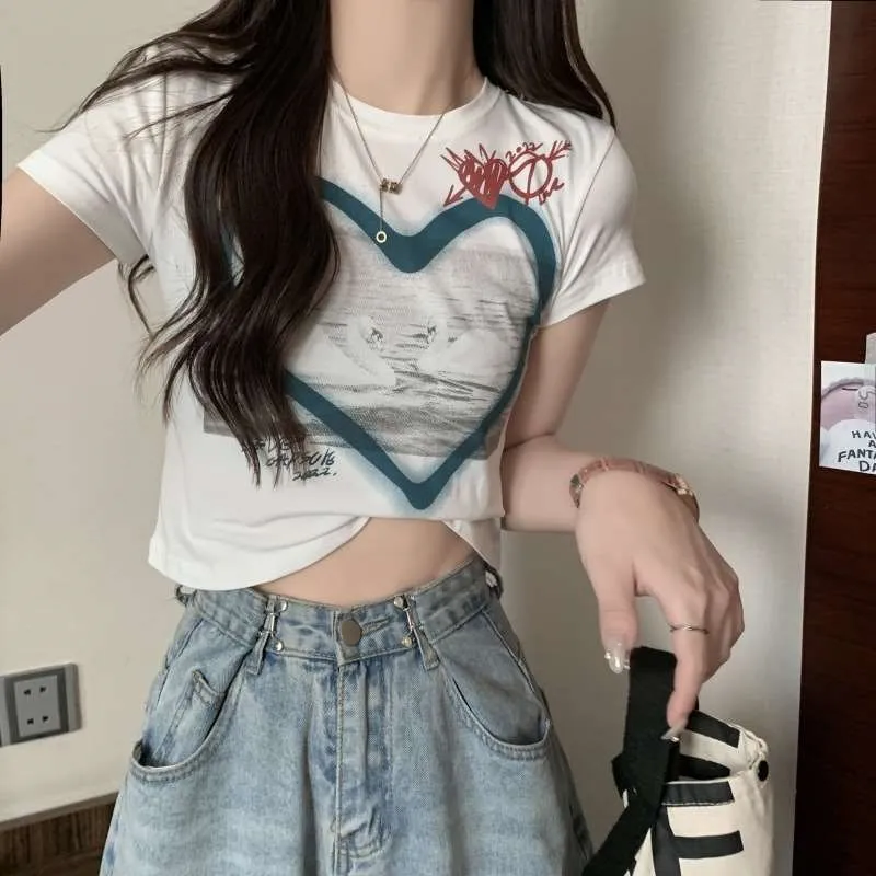 

Women's Spring New Loose Color ort-Sved T-irt Street Sle round Ne Cotton 00% Printed Faion Ladies' Top