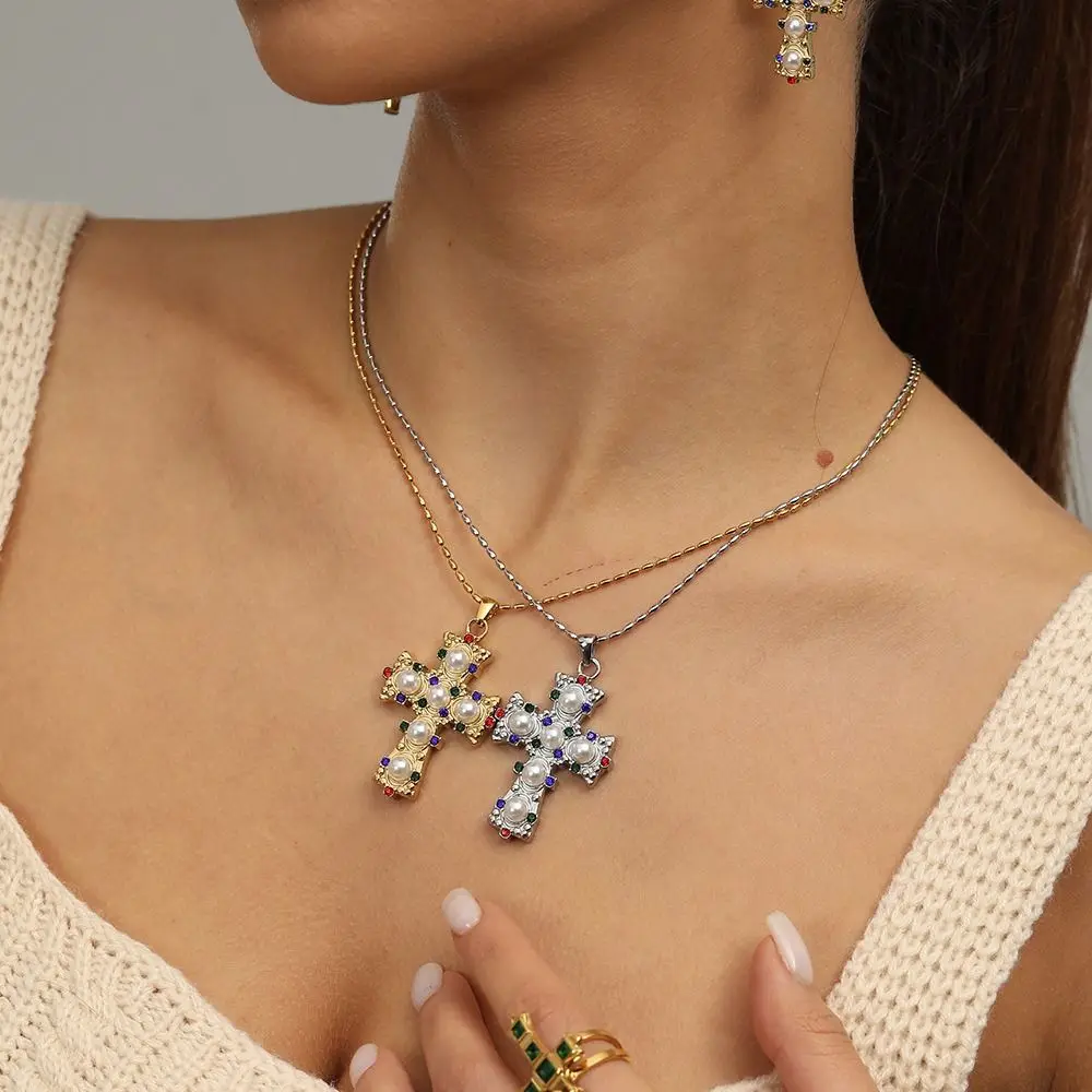 

Exquisite Cross Pendant Necklace Geometry Colored Zircon Pearl Necklace Exaggerated Stainless Steel Vintage Jewelry Necklace