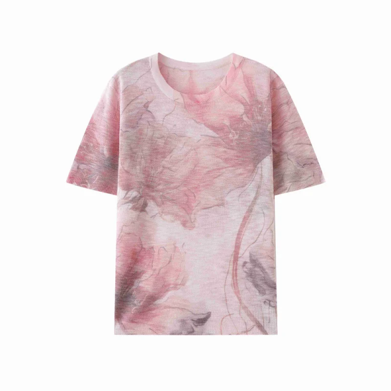 

Women Round Collar Knitted Sweater Short Sleeve Bottoming Solid Pullovers Printing and Dyeing Women Casual Top