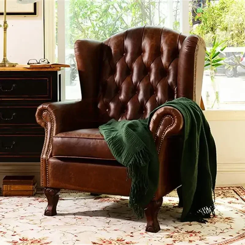American retro old wax oily brown living room single sofa hotel clubhouse tiger chair model room high back chair