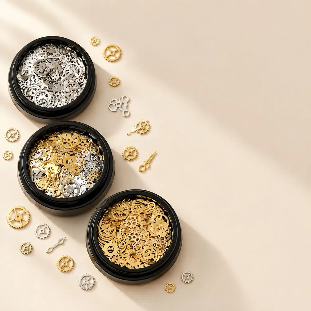 120Pcs Punk Mechanical Nail Charms Gold Silver Gears Cogs Clock Watch Hands Screws Alloy Rivet 3D Nail Studs Manicure Supplies