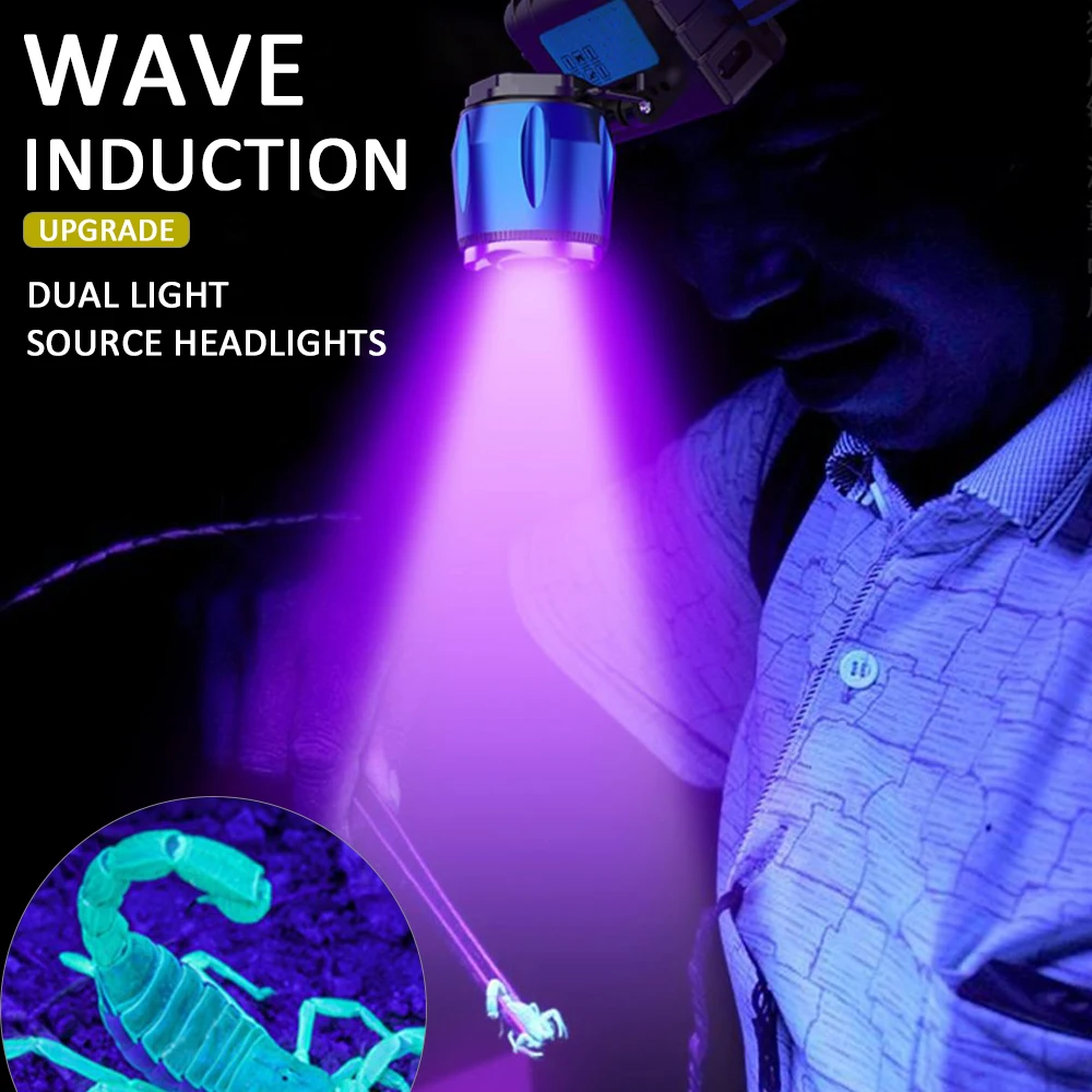 E2 High Powerful 2 In 1 UV Light Headlamp USB Rechargeable LED Headlight UV Purple edc Light Head Flashlight Camping Torch Light