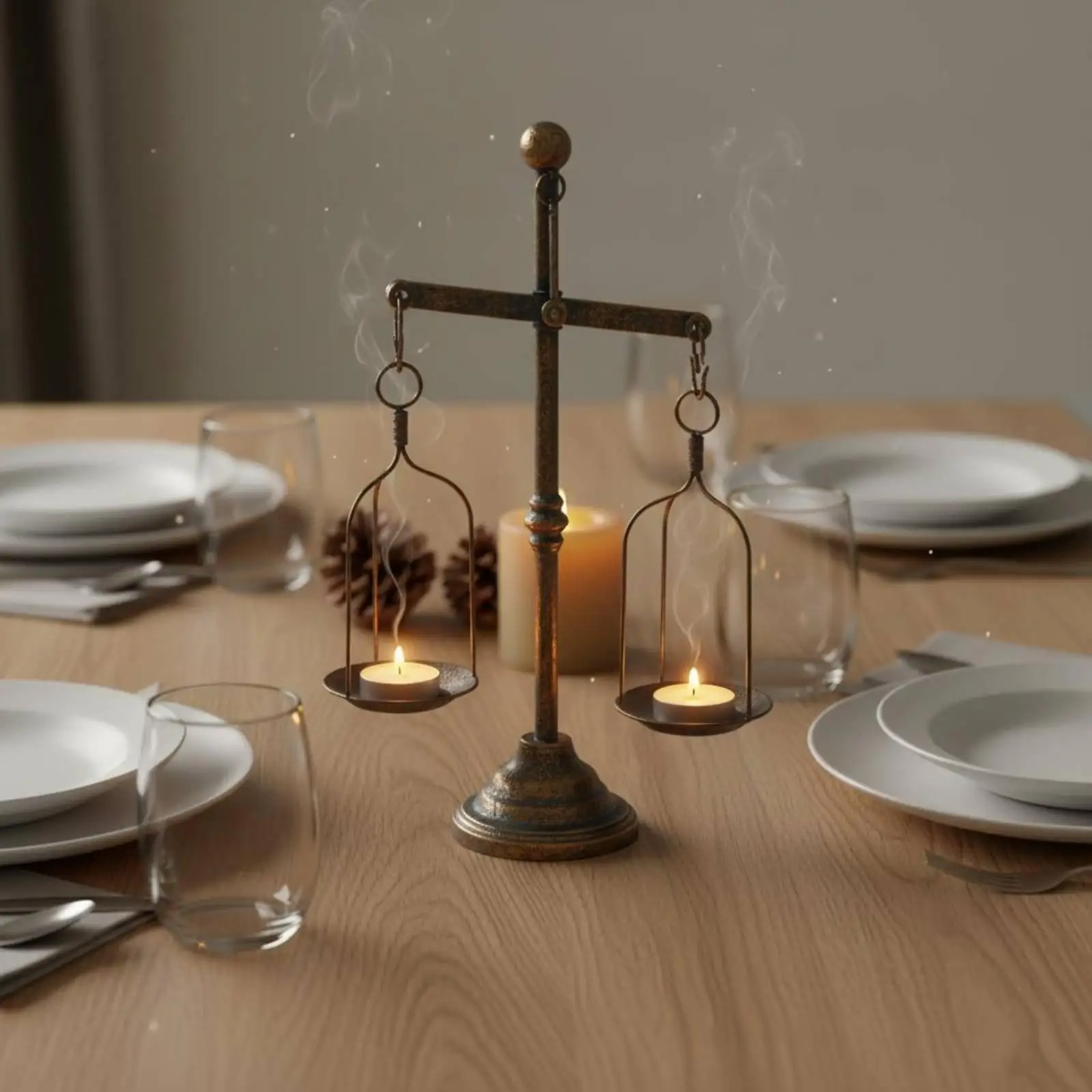 Rustic Iron Candlestick for Wedding Table Centerpiece Decorative Balance Scale Candle Holder with Hanging Trays