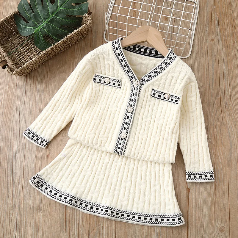 2-6 Year Old Girl Dress Set 2023 New Autumn Single Breasted V-neck Knitted Cardigan+Short Skirt 2PS Cute Lively Princess Dresses