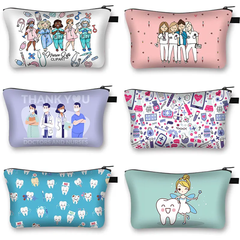 

Cartoon Dentist Nurse Print Cosmetic Case Thank You Doctor Makeup Bags Women Zipper Pouch Lipstick Bag For Travel Cosmetic Bags