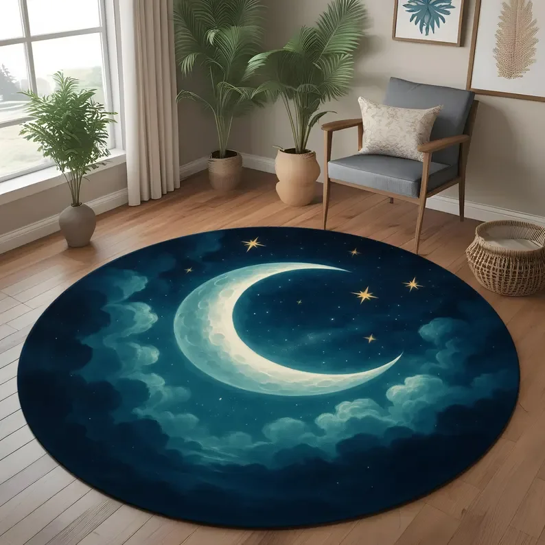 3D Moon Stars Kids Rug Optical Illusion Round Carpet Cute Nursery Area Mat Space Theme Playroom Decor Cartoon Galaxy Floor Rug