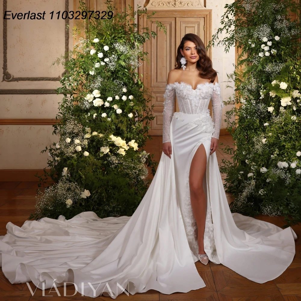 

EVLAST Sexy Mermaid Wedding Dress High Slit Lace Applique Detachable Train Vestido De Novia Bridal Gown Robe De Mariee TMD45