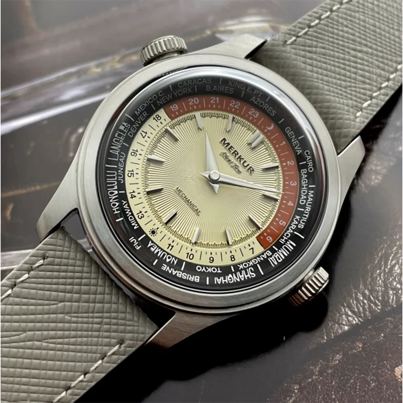Merkur World Time Reloj mecánico retro para Hombre Cuero resistente al agua 38 mm Reloj Hombre