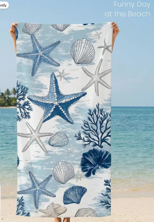1 Printed Beach Towel with Blue Starfish Pattern Swimsuit, Fashionable Beach Towel Super Absorbent Bath Towel