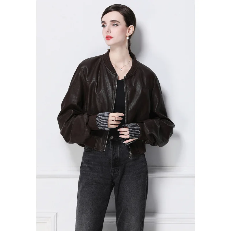 

Верхняя одежда из искусственной кожи в стиле ретро, верхняя одежда Street Sle Stand Fit, женская нейтральная верхняя одежда Long Sve ort Length Faion