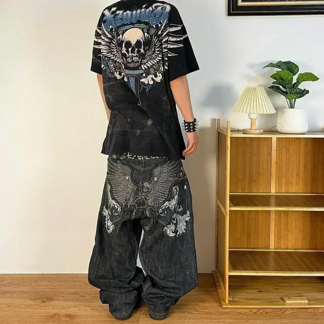 2024 New American Retro Skull Wings Embroidered Baggy Jeans Men And Women Y2K Harajuku Hip-hop Gothic Wide Trousers Streetwear